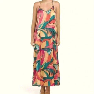 Nicole Miller Abstract Floral Print Slip on Satin Maxi Dress